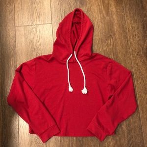 Basic Red Drawstring Cropped Hoodie Sweatshirt